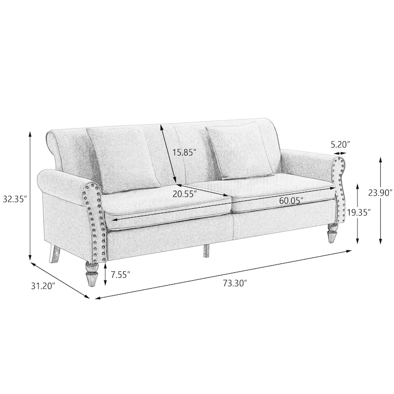 73" Sofa with Nailhead Trim Rolled Arms