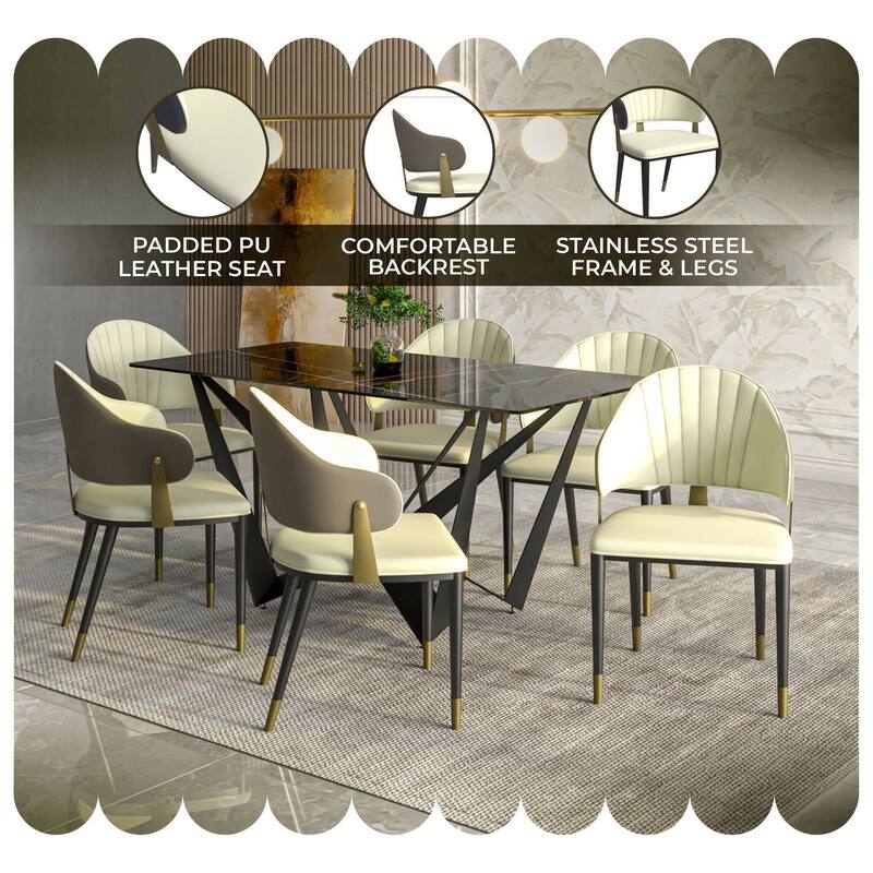 Leather Dining Chair in Iron Set of 4 with Gold Accents Design Modern Ergonomic Side Arm Chair