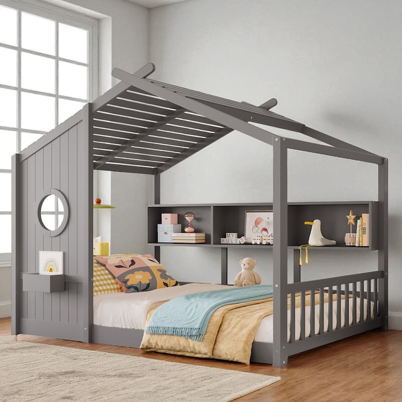 Twin/Full Montessori House Floor Bed with Roof, Storage Shelf, Low Profile Kids Bed, 6 in Mattress, 350/550 lb Capacity
