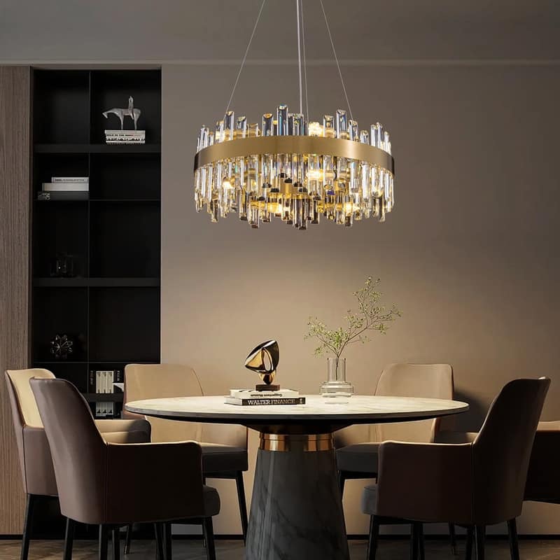 24 in. 2-Tier Modern Crystal Chandelier Brass Gold Round Crystal Raindrop Chandelier Contemporary Pendant Light for Dining Room