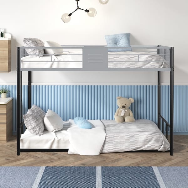 slide 2 of 14, Black Twin over Twin Size Metal Bunk Bed with Vent Board, Heavy-duty Sturdy Metal, Noise Reduced, Safety Guardrail Black