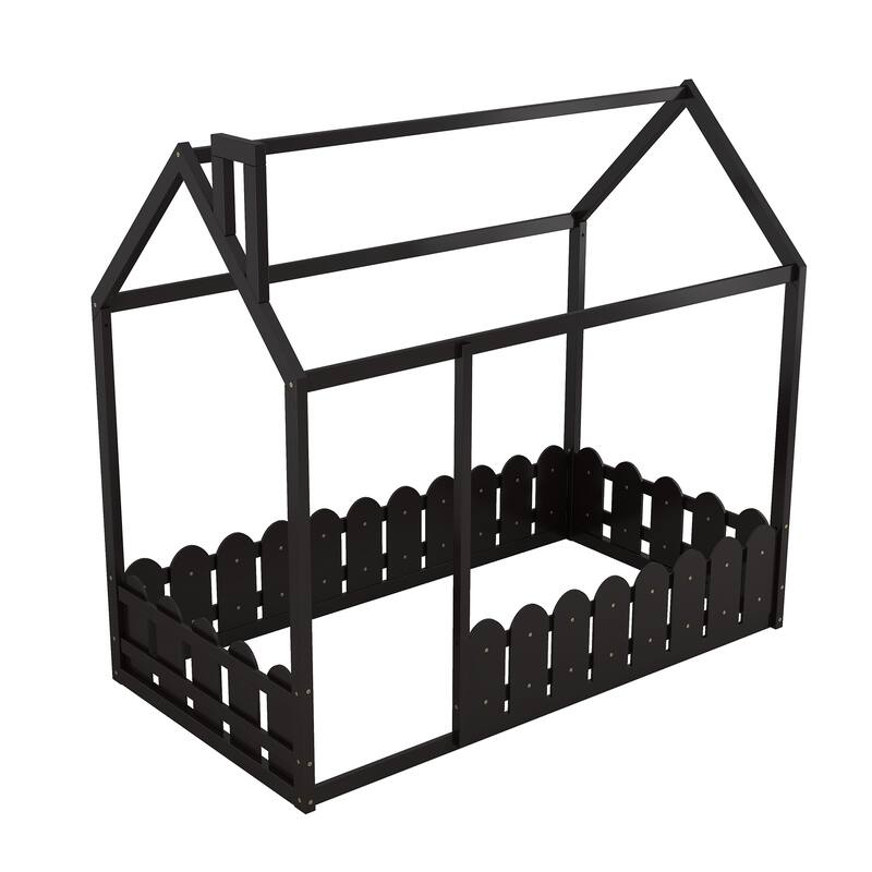 Wooden Twin House Bed with Pine Frame, Roof, and Fence, Perfect for Play and Sleep