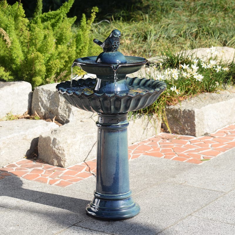 2-Tier Ceramic Outdoor Garden Fountain - 26.5" - Blue