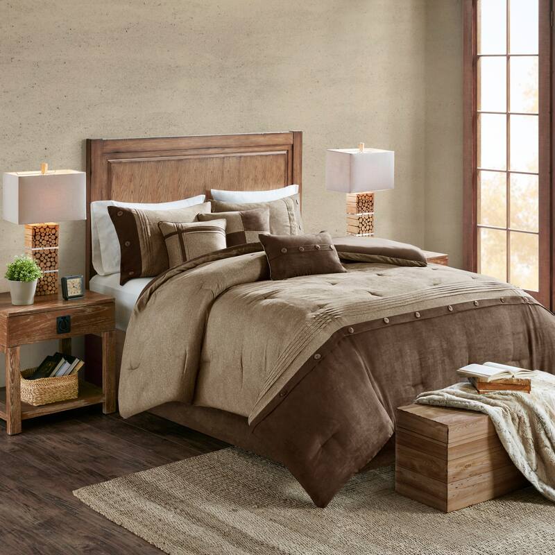 7 Piece Faux Suede Comforter Set Brown King - Brown