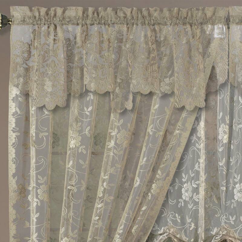 Grace Floral Lace Window Curtain Panels Or Valance - 13 Inches - Khaki