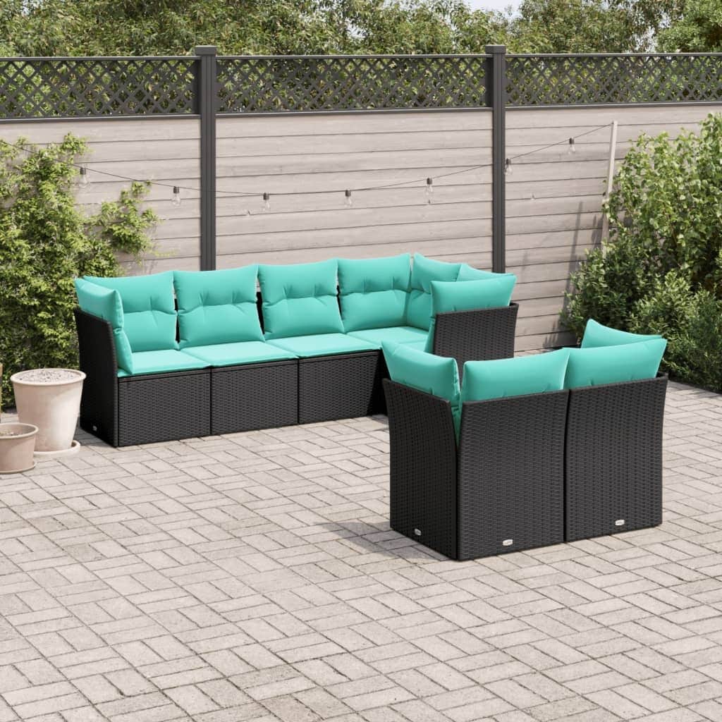 vidaXL 7 Piece Patio Sofa Set with Cushions Black Poly Rattan - 92.1x27.2x92.1