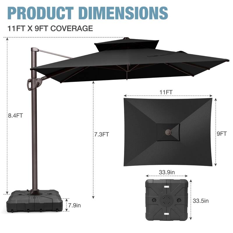 VredHom 9x11 FT Outdoor Patio Double Top Cantilever Umbrella with Wheel Base
