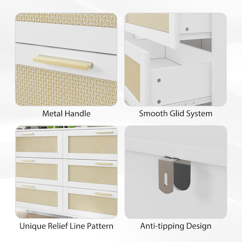 Rattan 6 Drawers Chest of Dressers for Bedroom, Wide Chest of Drawers, Rattan Dresser Storage Cabinet for Living Room, Bedroom