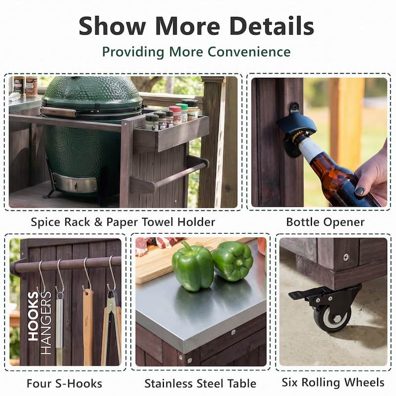 80.5"Kitchen Island,Solid Wood Grill Cart with Stainless Steel Top,Drawer for Large Big Green Egg and 21"/28"Blackstone Griddle