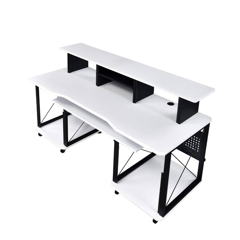 72 Inch Music Desk Workstation, Crossed Metal Panels, Keyboard Tray, White