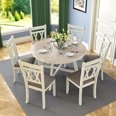 VECELO 3 / 5 / 7 Piece Farmhouse Dining Set, Round Dining Table Set, 47'' Solid Wood Modern Dining Set for Kitchen Room