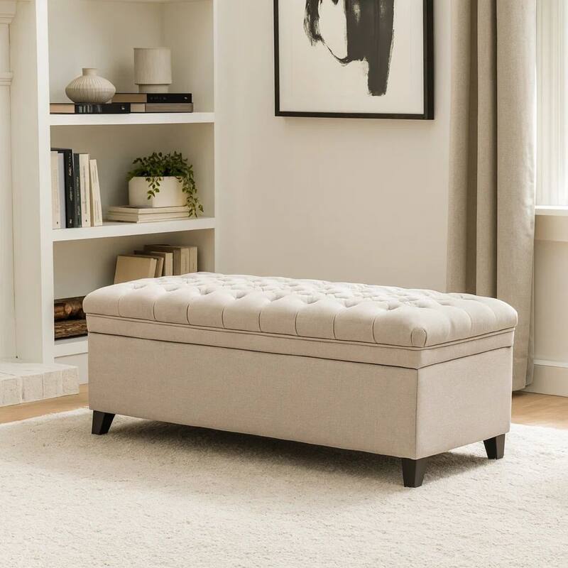 Rhya Storage Bench Ottoman, 50 Inch Seat, Button Tufted Gray Fabric