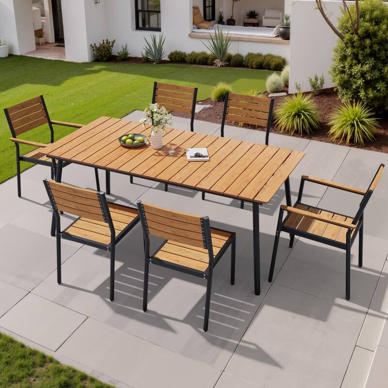 VredHom 7/9-Piece Outdoor Patio Aluminum Dining Table with Stackable Chairs Umbrella Hole