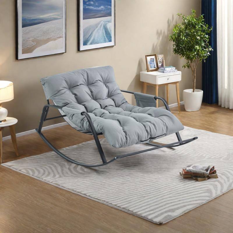Technical Leather Extra-Wide Gliding Rocking Chair with Reclining Function and Steel Frame - Grey