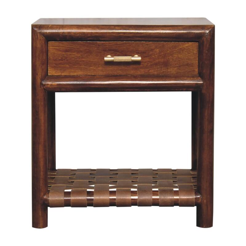 HomeRoots 20" Chestnut Solid Wood One Drawer Nightstand With Leather Shelf