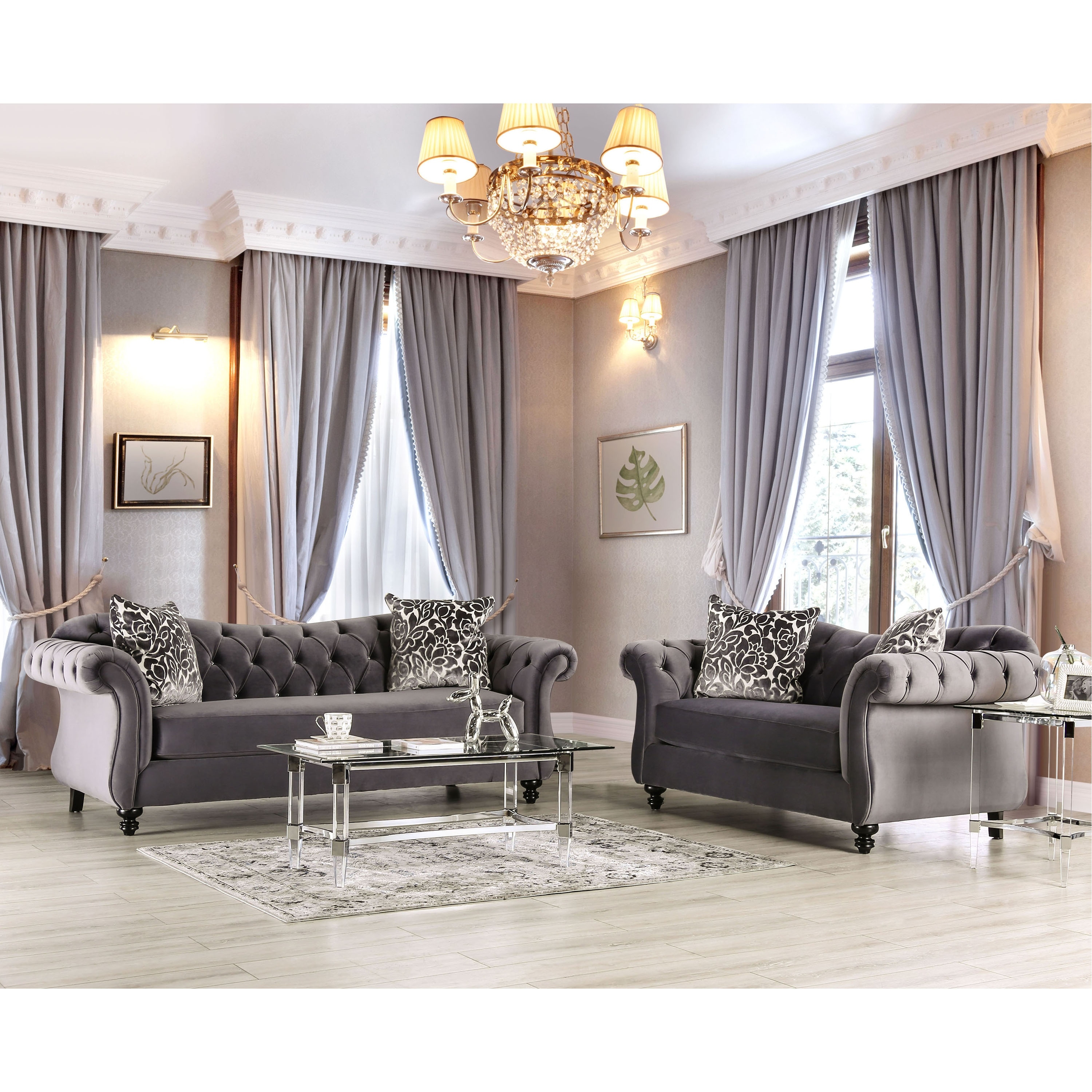 Addae Glam Grey Fabric Tufted 2-Piece Sofa Set of Furniture of America -  Bed Bath & Beyond - 35568765
