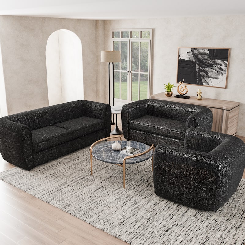 Furniture of America Vanessa Modern Curved Arms Boucle Sofa Set with Seat Cushion and Wooden Legs, 2-Piece or 3-Piece Options - Black - 3 Piece
