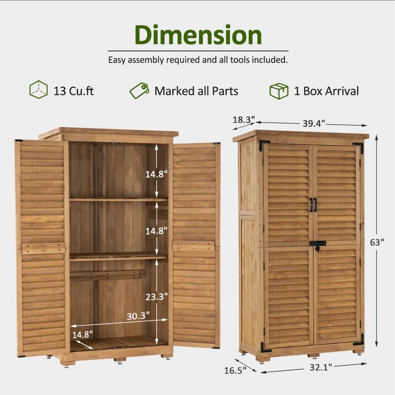 MCombo 63 inch Tall Outdoor Storage Tool Cabinet Shed with Lock for Yard (34.3" L x 18.3" W x 63" H), Wooden 0870