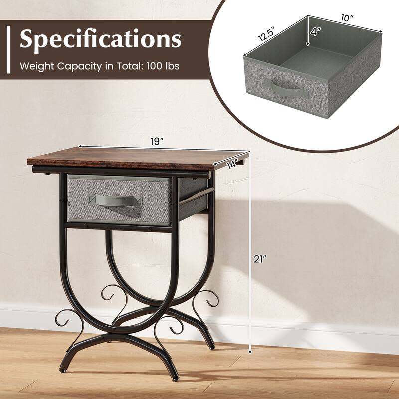 Rustic Wood Side Table with Metal Frame and Grey Fabric Drawer for Bedroom Living Room Storage - 19" x 14" x 21"