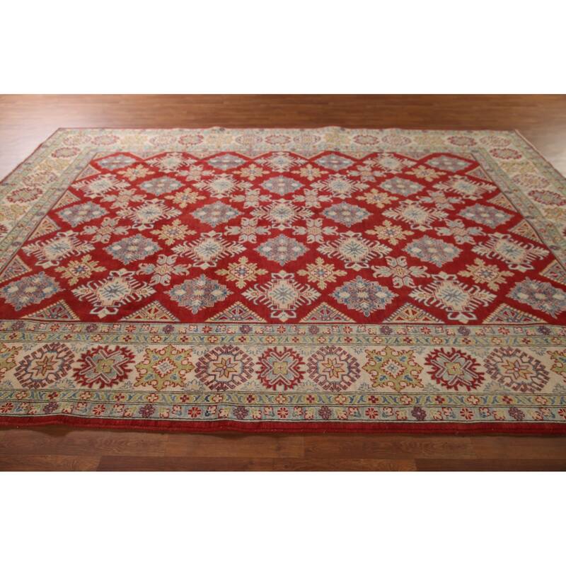 Red Geometric Kazak Oriental Area Rug Handmade Wool Carpet - 9'0" x 11'5"