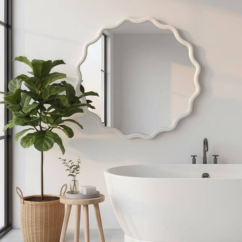 24 inch Wavy Round Solid Wood Frame Decorative Mirror - White - 24"x24"