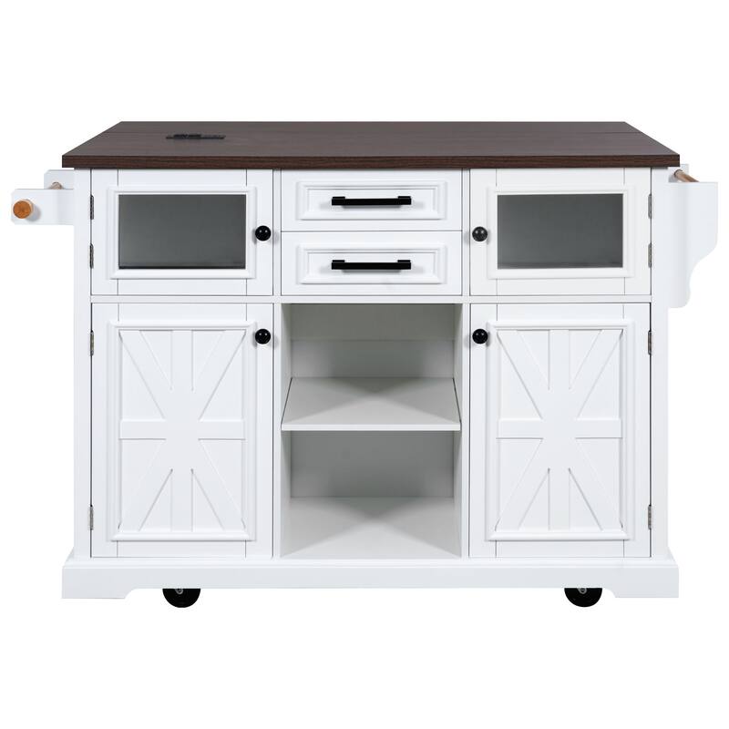 54.9" Kitchen Island with Drop Leaf, Power Outlet, with 4 Door Shelves, Cross Barn Doors & Visual Glass Door on 4 Wheels