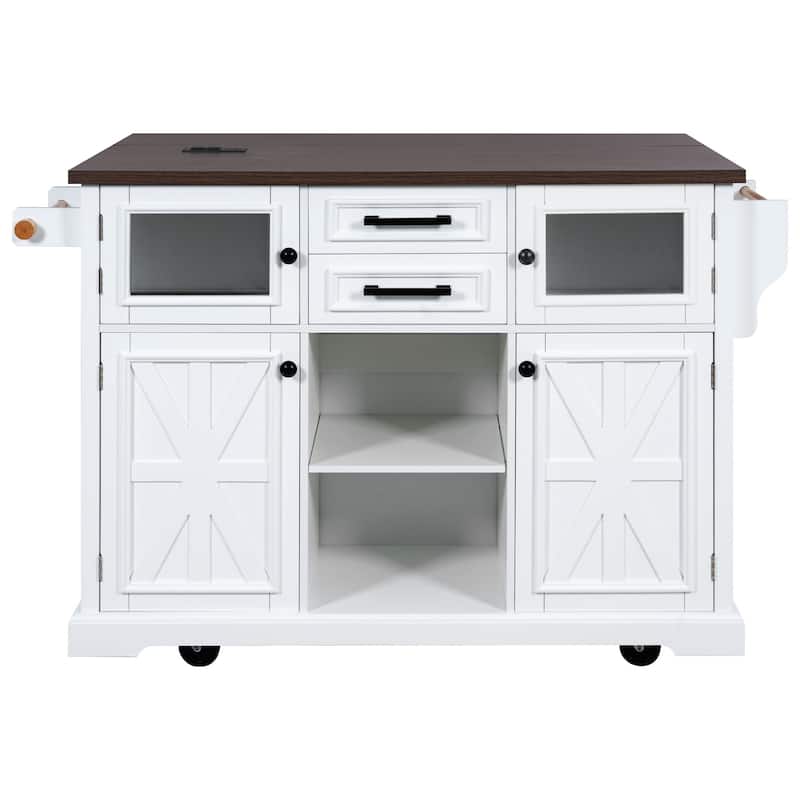 Kitchen Island with Drop Leaf, Power Outlet and 4 Door Shelves