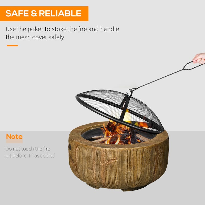 Outsunny Outdoor Fire Pit, 24 Inch Metal Wood Burning Fireplace with Spark Cover, Poker, Woodgrain Design