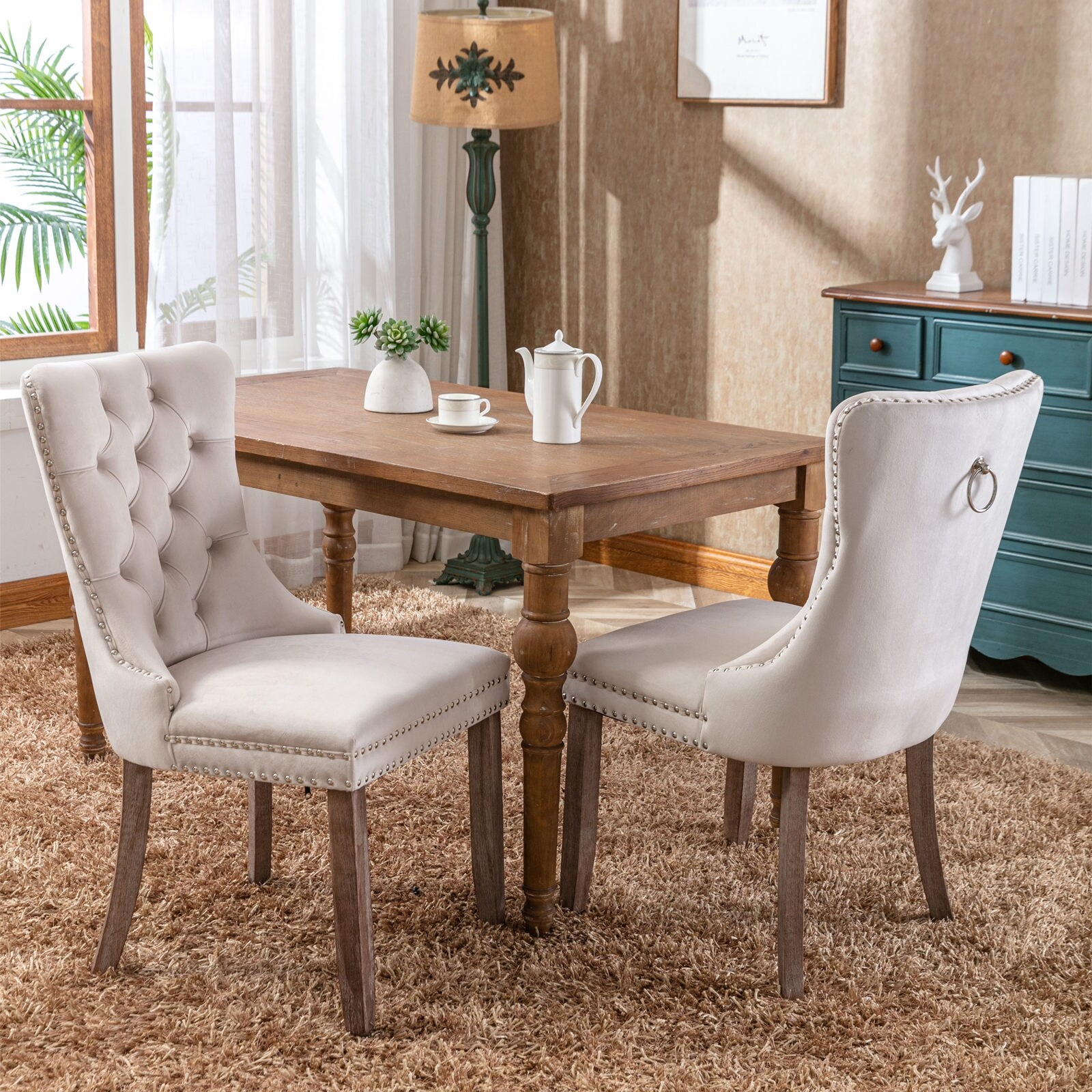 Velvet Upholstered Dining Chair with Nailhead Trim Set of 2 Bed