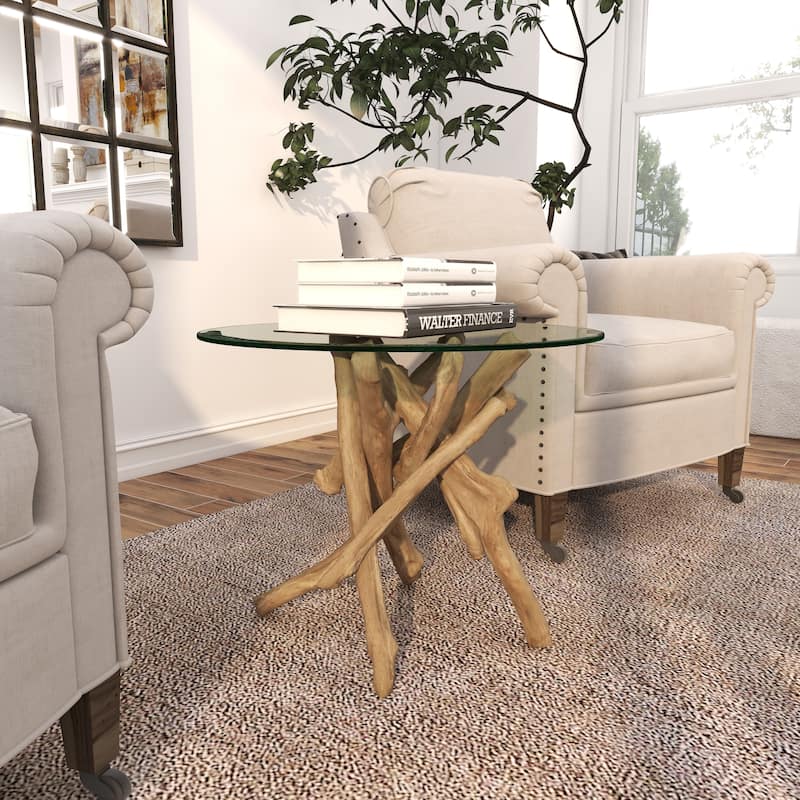 Brown Wood Handmade Tree Branch Accent Table with Clear Glass Top