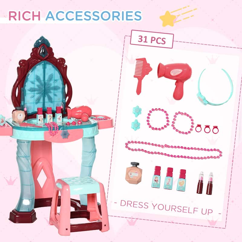 Qaba Self-Opening Mirror Design Kids Vanity Makeup Table Set with Chair and 31-Piece Collection, Imaginative Toy
