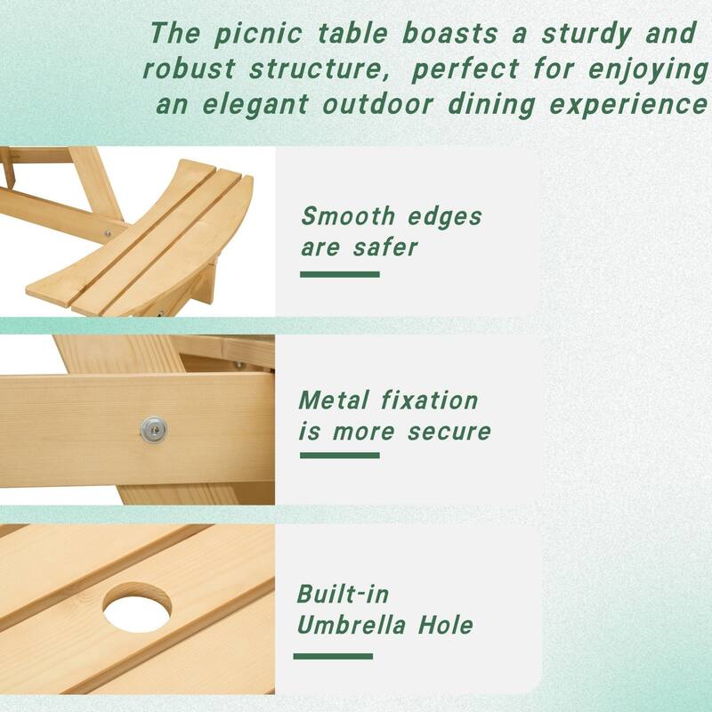 6-Person Round Outdoor Picnic Table with 3 Double Benches