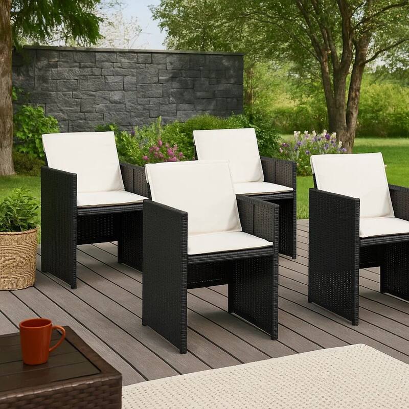 Outdoor Set of 4 with White Cushions, Black Rattan Woven Frame