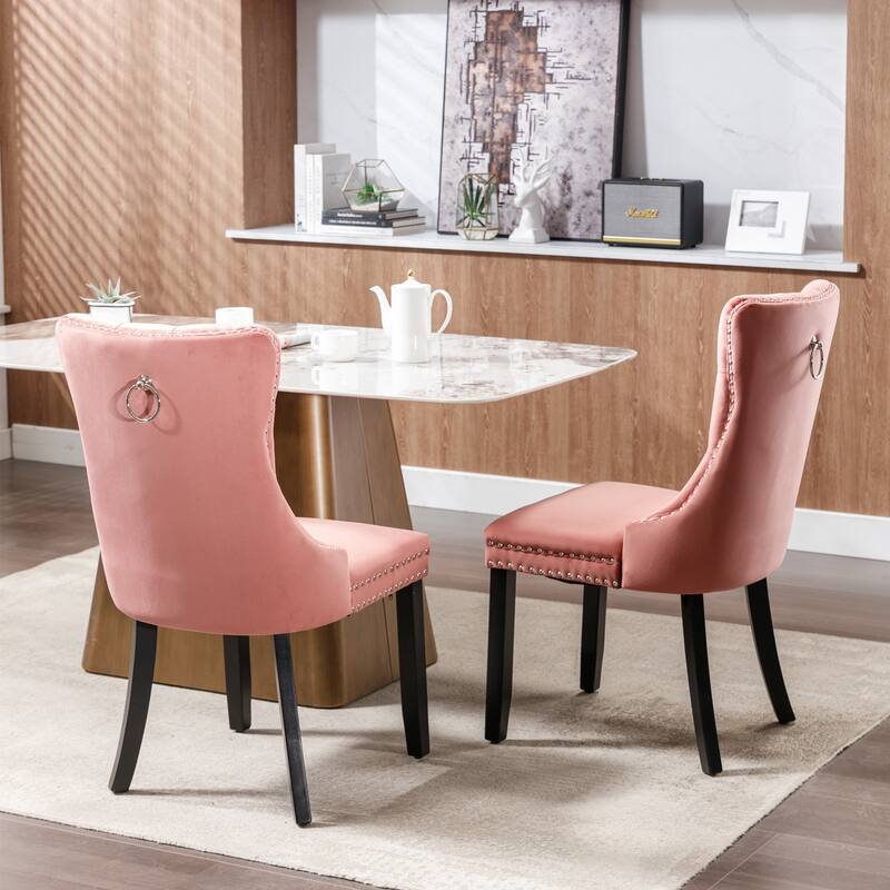 Set of 2 Velvet Tufted Upholstered Dining Chair with Wood Legs