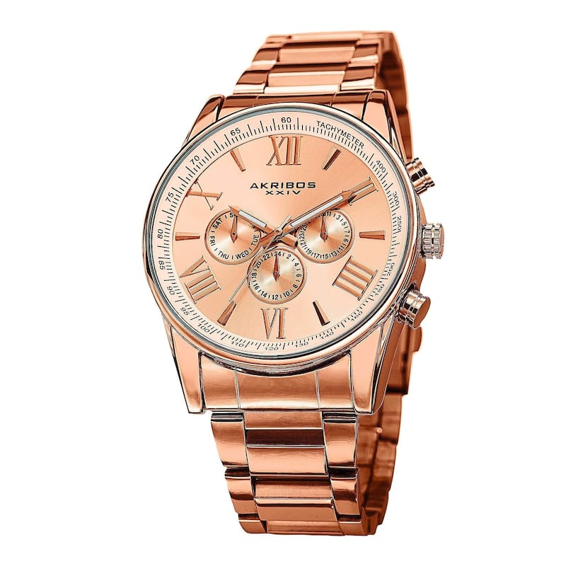 Akribos XXIV Men's Multifunction Tachymeter Stainless Steel Bracelet Watch - Rose-Tone