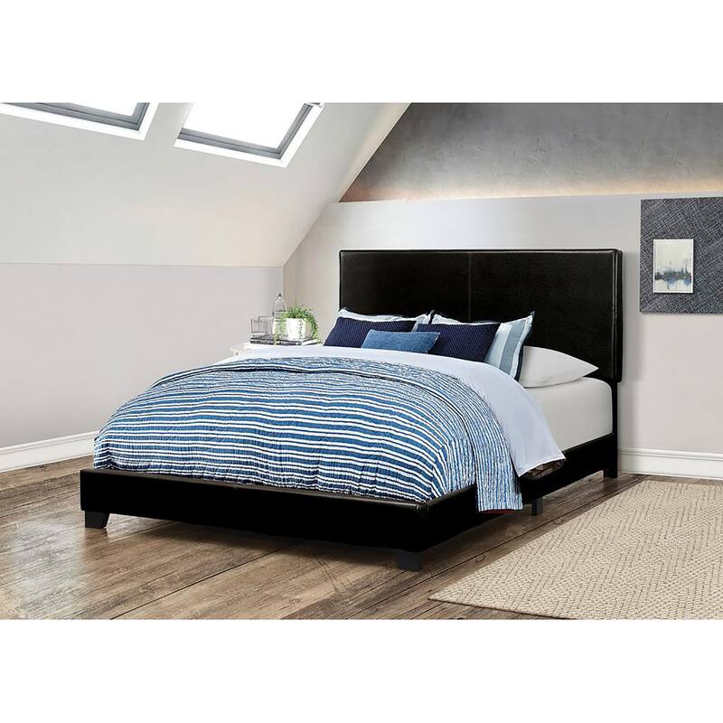 Modern Black Upholstered Queen Panel Bed with Faux Leather Finish