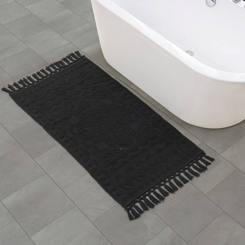 French Connection Nellore Fringe Cotton Bath Rug - 26x49 - Black