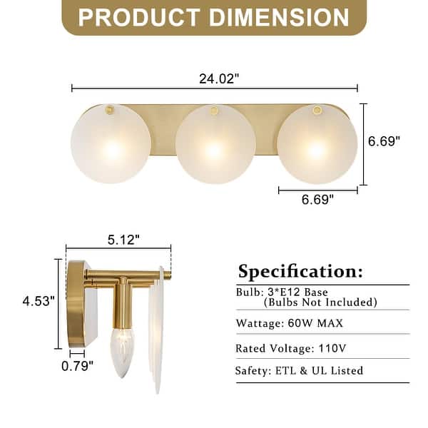 dimension image slide 1 of 2, Modern Gold 3-Light Vanity Light Frosted Glass Bathroom Fixture