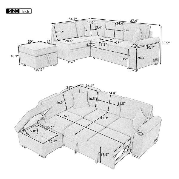 2 in 1 Pull Out Sleeper Sofa Bed L Shape Couch with Storage Ottoman ...