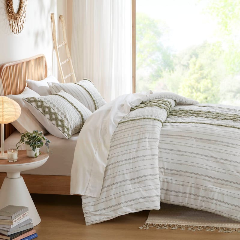 3 PCS King/Cal King Cotton Printed Comforter Set with Chenille Sage/Ivory