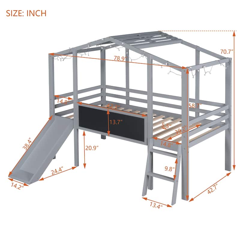 Gray Twin Size Solid Wood Loft Bed with Ladder and Slide, House Bed with Blackboard and Light Strip on the Roof