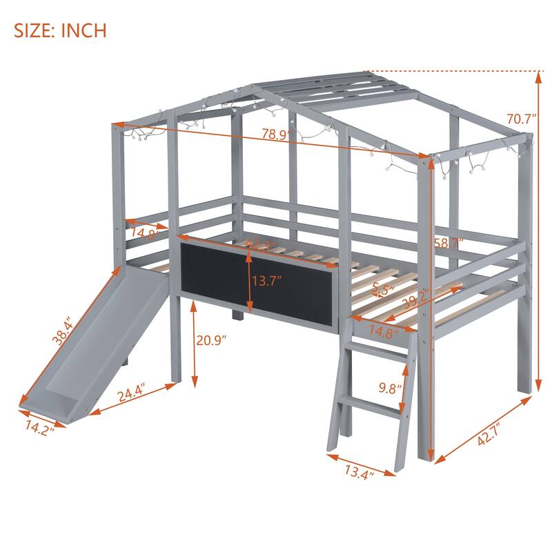 Twin Size House Loft Bed with Slide & Blackboard, Unique Design with Light Strip on Roof, Safe & Fun