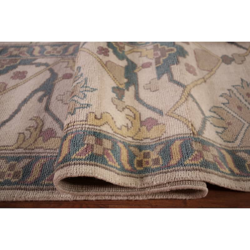 All-Over Ivory Oushak Indian Large Area Rug Handmade Wool Carpet - 12'0" x 14'10"