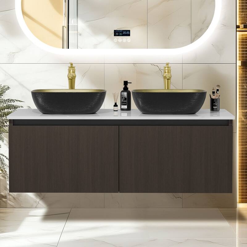 Vintage Aluminium Bathroom Vanity With Countertop Sink Copper Faucet Set - 48" L x 20" W x 16" H - Double Basins - Brass/ White/ Walnut