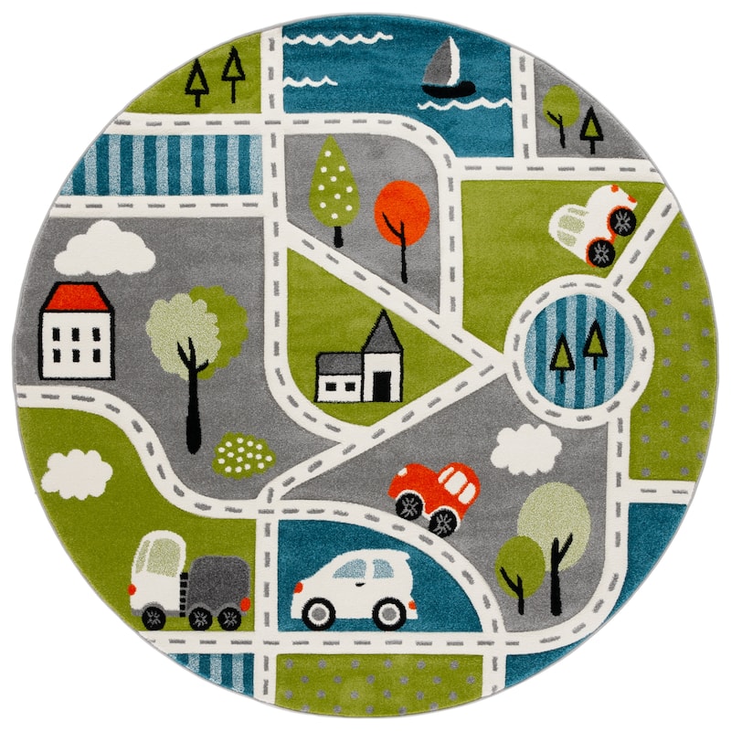 SAFAVIEH Carousel Kids Lumnie Neighborhood Rug - 6'7" Round - Green/Grey