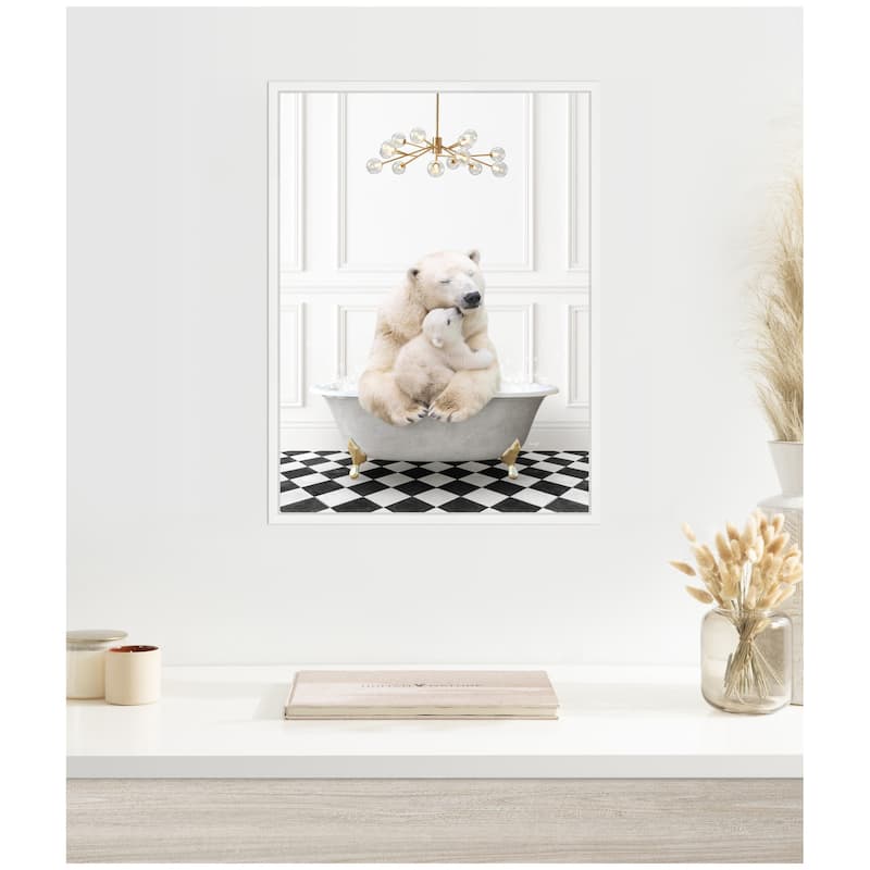 Kate and Laurel Sylvie Mother and Baby Polar Bear in Gray Bathtub on Checker Floor Framed Canvas by Amy Peterson