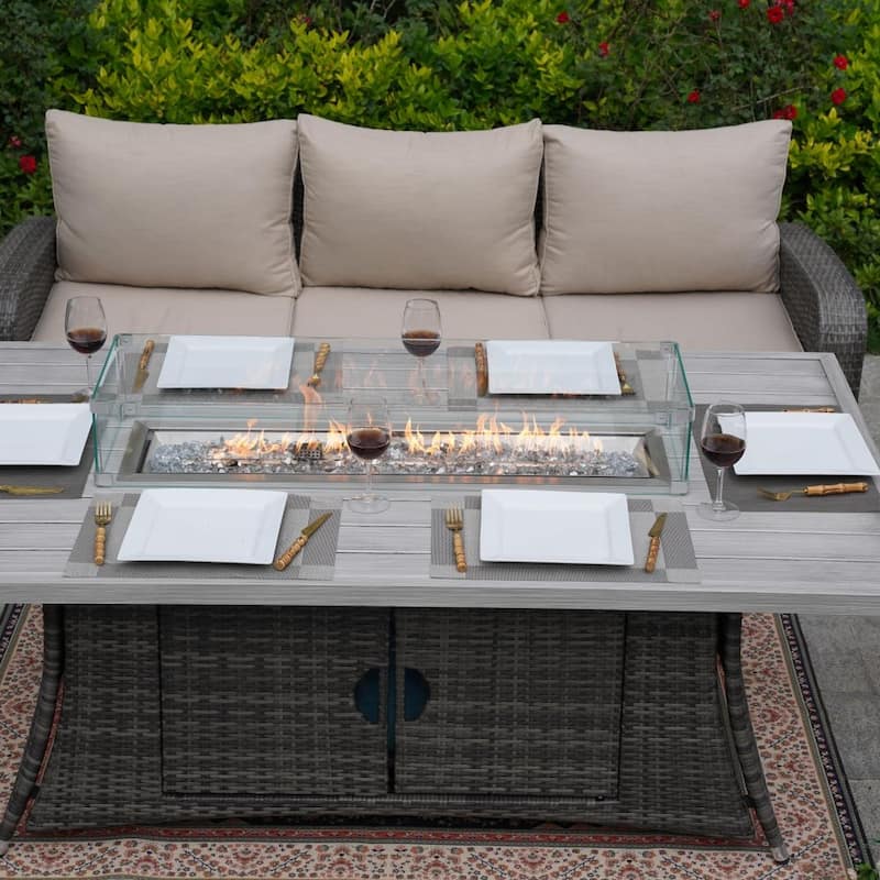 5-Piece Outdoor Wicker Sofa Set with Aluminum Firepit Table
