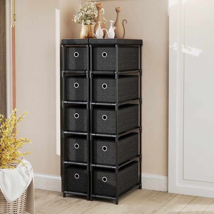 Black MDF Storage Tower with 5 Foldable Drawers Metal Structure and Industrial Wood Top