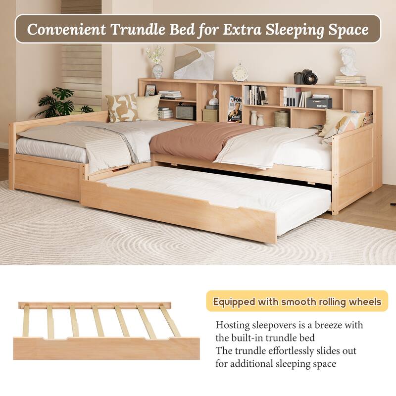 3-in-1 Bookcases Daybed L Shape Corner Sofa Bed Frame Wood Captains Bed with Underbed Trundle and Storage Drawer, Space-Saving