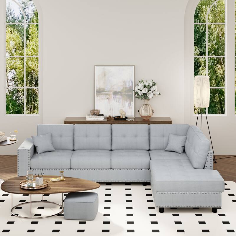 109.2'' Elegant L-Shaped 5 Seater Modular Sectional Sofa with Removable Back Cushions and 2 Pillows, Vintage-Inspired Design